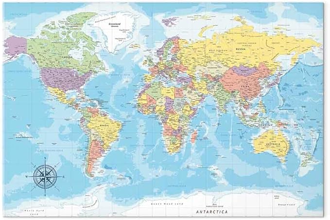 artgeist Canvas Wall Art Print World Map 24x16 in - 1pcs Home Decor Framed Stretched Picture Photo Painting Artwork Image Worldmap Continents Travel Gift k-C-0128-b-a