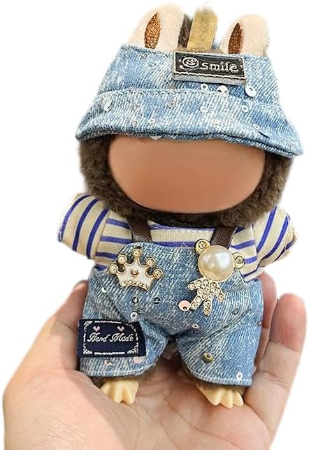 17cm Doll Clothes Set(No Doll), Hat & Overalls Set for 17cm Labubu Suit, Cute Cloth for Dress up Unique Style Dolls Outfit Stylish Clothes for Labubu (Crown Denim)