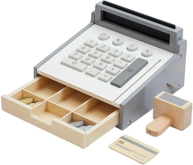 Kaplan Early Learning Wooden Cash Register for Toddlers - Realistic Pretend Play Grocery Store Toy for Dramatic Play - Enhances Imagination & Communication Skills, Ages 18+ Months