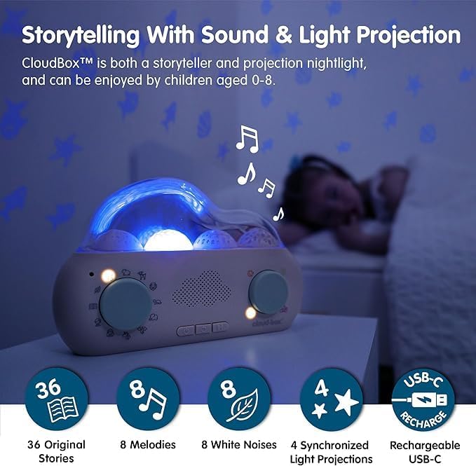 Cloudb Cloudbox My First Dreambox (English/Spanish) Storyteller Sound Machine | 36 Stories, 8 Melodies, 8 White Noises, 4 Light Projections | Star Projector Night Light, Rechargeable, Baby Essentials