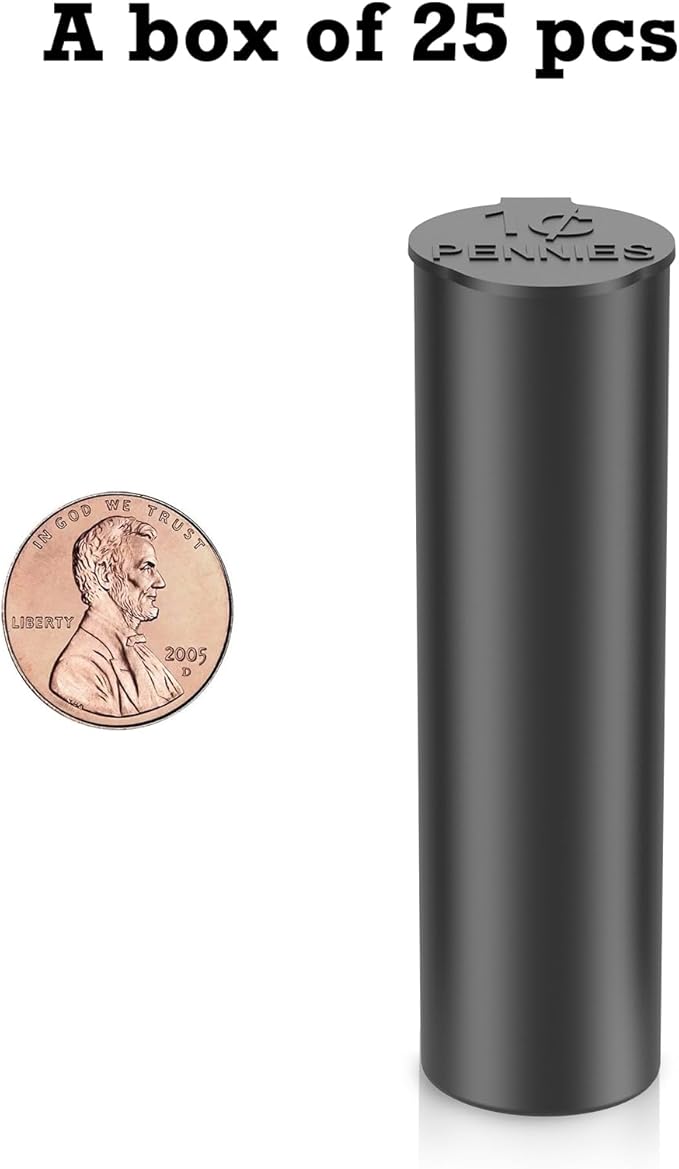 Coin Storage Tubes Set, 50 Capacity, Pennies, Black，a box 25pcs