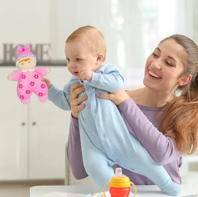 June Garden 9" My First Doll Hazel - Soft Plush Baby Doll with Rattle - Purple Outfit