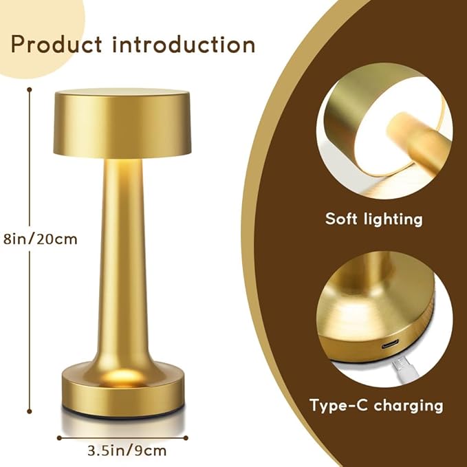 Portable LED Table Lamp, 3-Levels Brightness Metal Desk Lamp,3 Color Touch Control Rechargeable Lamp, Ideal Bedside Lamp for Nightstand,Bedroom, Living Room (Gold)
