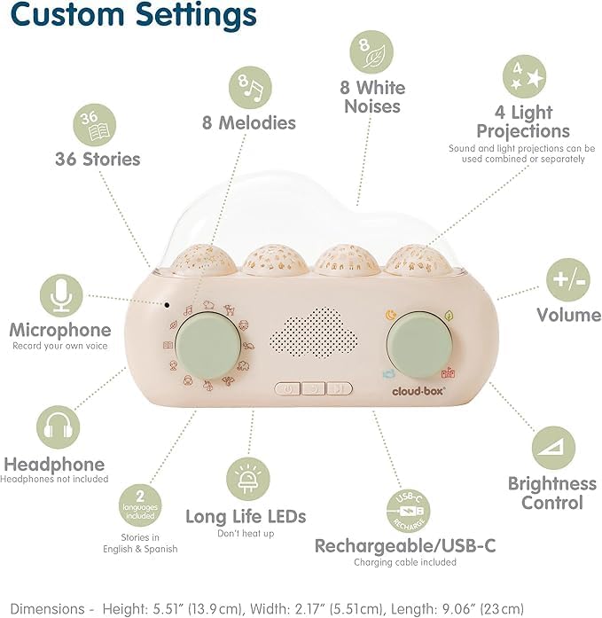 Cloudb Cloudbox My First Dreambox (English/Spanish) Storyteller Sound Machine | 36 Stories, 8 Melodies, 8 White Noises, 4 Light Projections | Star Projector Night Light, Rechargeable, Baby Essentials