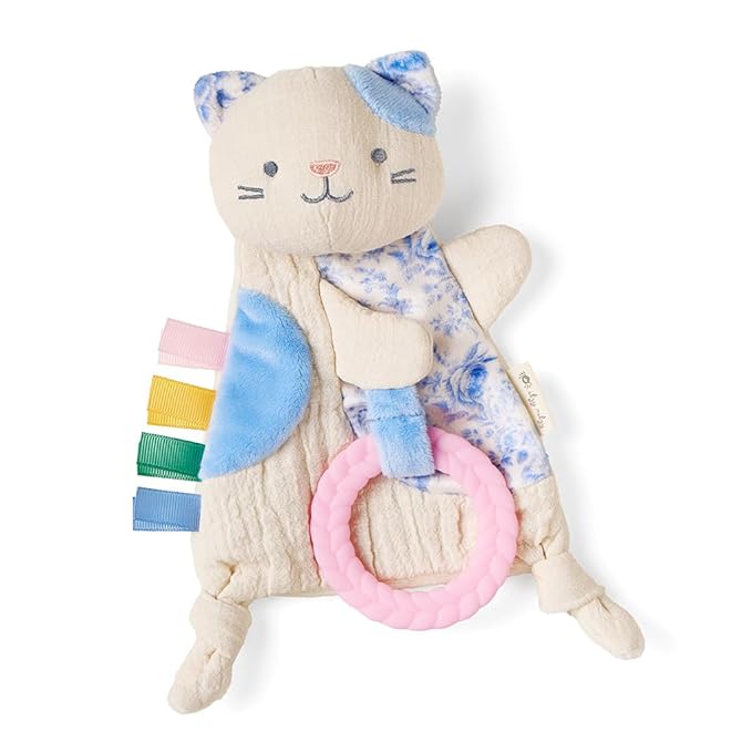 Itzy Ritzy - Bitzy Crinkle Sensory Toy Kitty with Crinkle Sound for Babies & Toddlers - Features Soft Braided Teething Ring & Textured Ribbons, Designed for Ages 0 Months and Up, Kitty