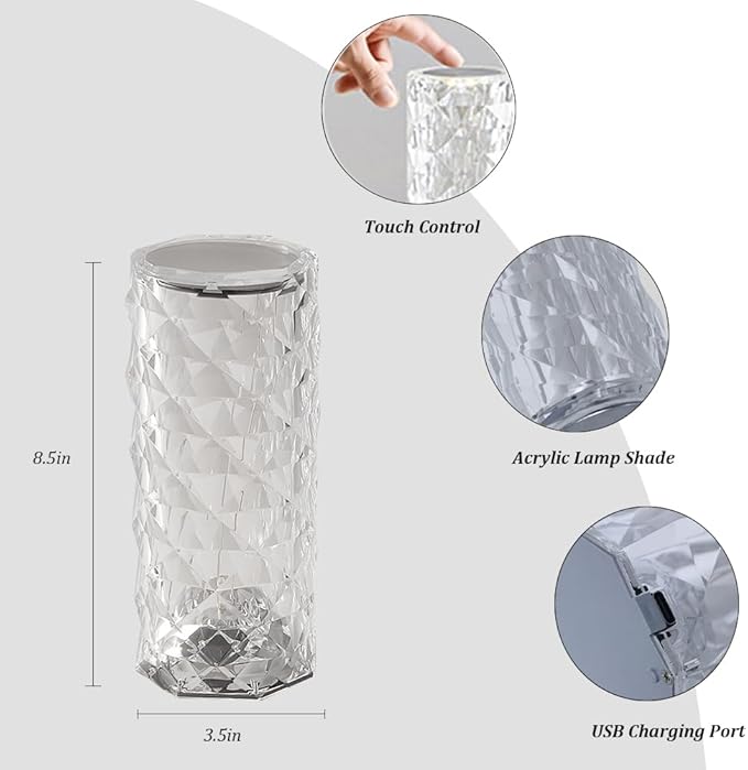Portable Crystal Table Lamp, 16-Color Touch Control Rechargeable Night Light, Bedside Desk Lamp for Bedroom, Living Room, Kitchen & Dining Room (16-Color Rose)