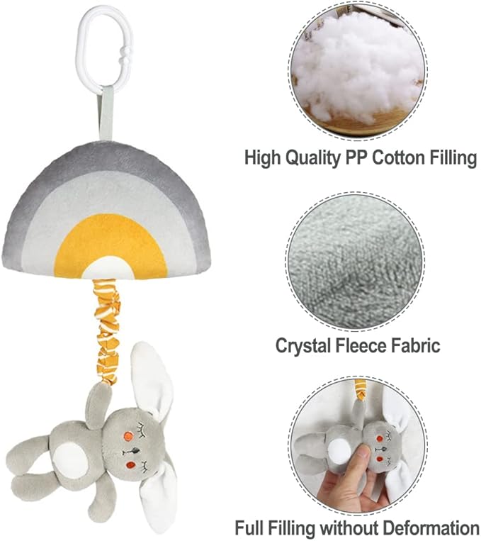 Baby Hanging Rattle Toys, Baby Lullaby Pull Musical, Soft Plush Early Development Stroller Car Toys with Squeaker for Infant (Rabbit)