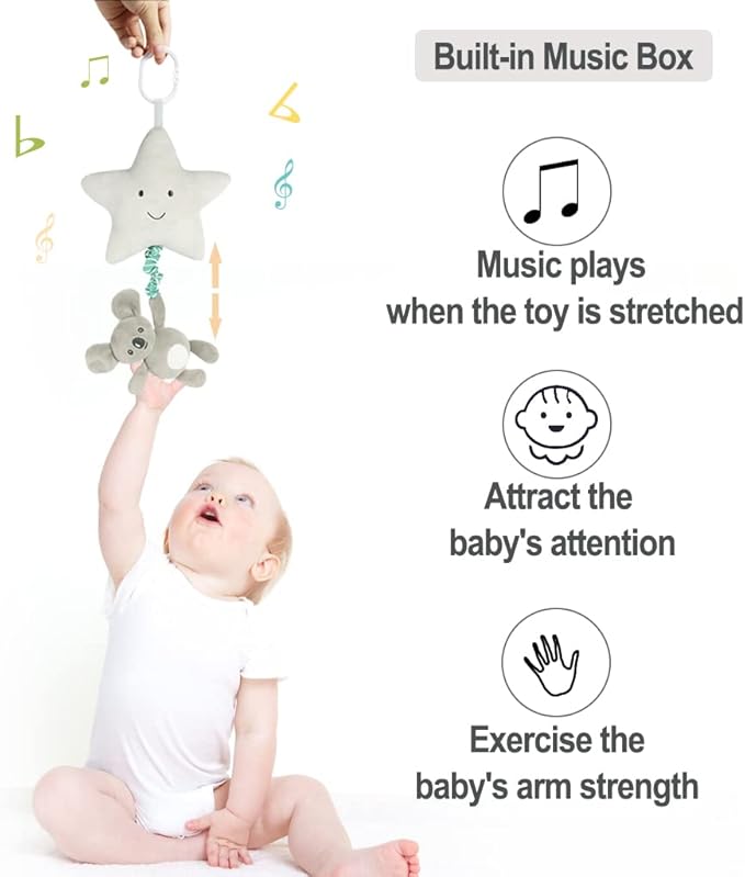 Baby Hanging Musical Toy With Music Box, Lullaby Pull Sensory for Babies Boys and Girls, Clip On Infant Pram Pushchair Cribs Strollers Car Seats, Star