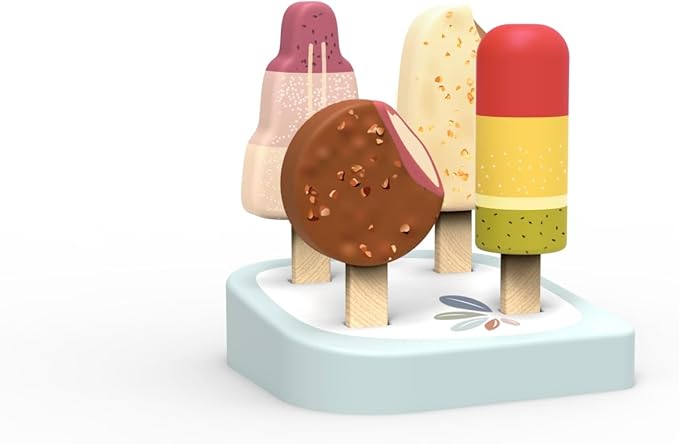 Speedy Monkey Wooden Ice Cream Bar Stand with 4 Treats – FSC Certified Popsicle & Gelato Pretend Play Dessert Counter for Kids, Sweet Food Role Play Toy for Toddlers, Boys & Girls, Ice Cream Cart Set