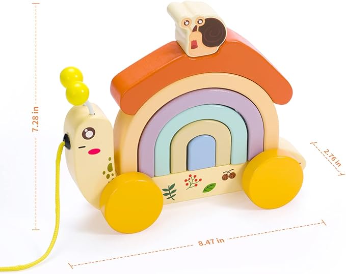 Wooden Snail Pull Along Toy, Walking Along Pull Toys for Toddlers, Wood Snail Rainbow Stacker with Wheel, Birthday Gift to Developing Hand-Eye Coordination, Grasping, Motor Skill