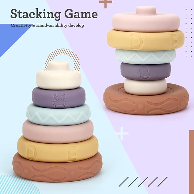 Tudou 6 PCS Baby Girl Stacking & Nesting Toys, Soft Stacking Blocks Ring Stacker, Baby Sensory Teethers with Letter, Animal and Shape, Early Learning Toys for Babies & Toddlers 6 Months