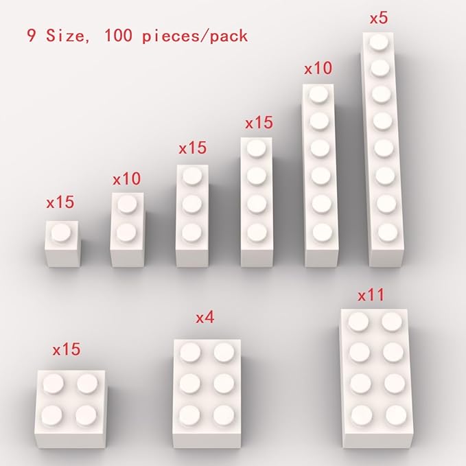 100 Piece White Bulk Assortment, 9 Size White Classic Building Blocks, Compatible with Lego, A0001