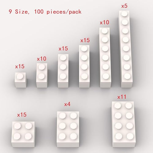 100 Piece White Bulk Assortment, 9 Size White Classic Building Blocks, Compatible with Lego, A0001