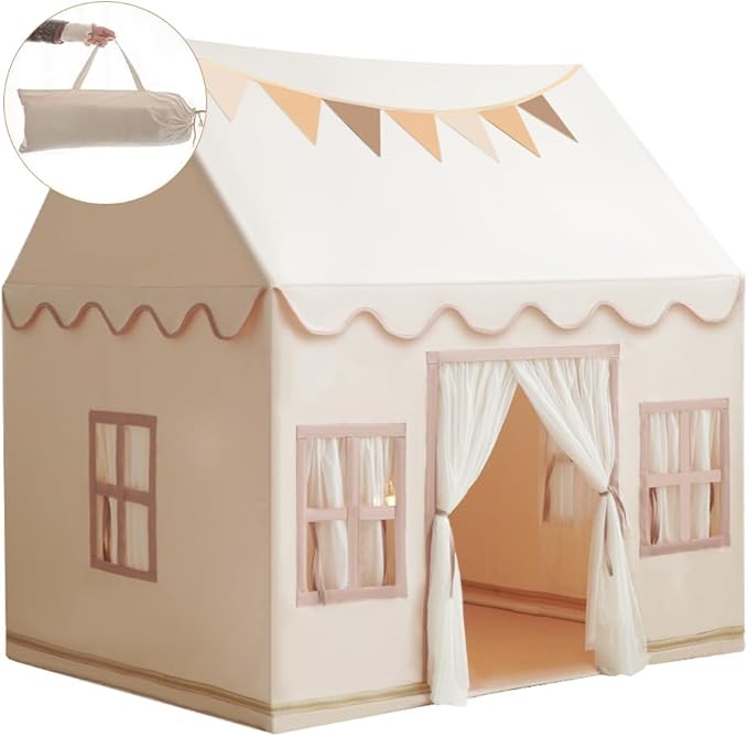 Large Kids Tent Playhouse Base Fabric with Star Lights, Flags and Tote Bags, Kids Play Tent Indoor & Outdoor, Washable Teepee Tent for Boys & Girls, Play House for Toddler, Neutral Color