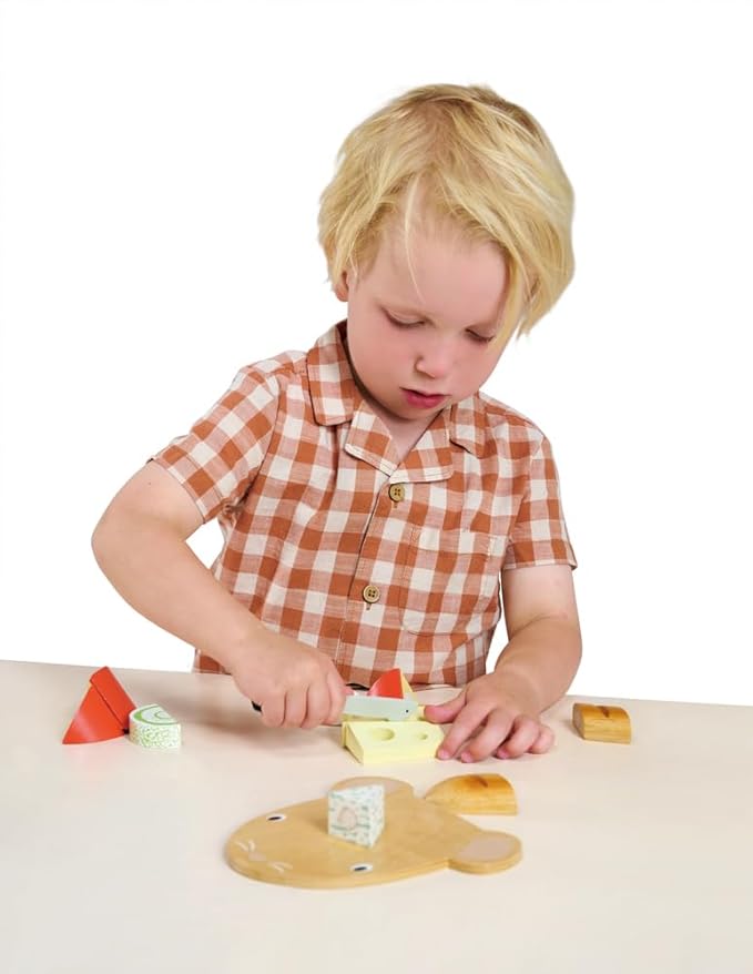 Tender Leaf Toys - Cheese Chopping Board - Wooden Play Food Set with 4 Choppable Cheeses, Baguette, Wood Knife and Illustrated Board - Improves Fine Motor Skills - Develops Social Skills - Age 2+