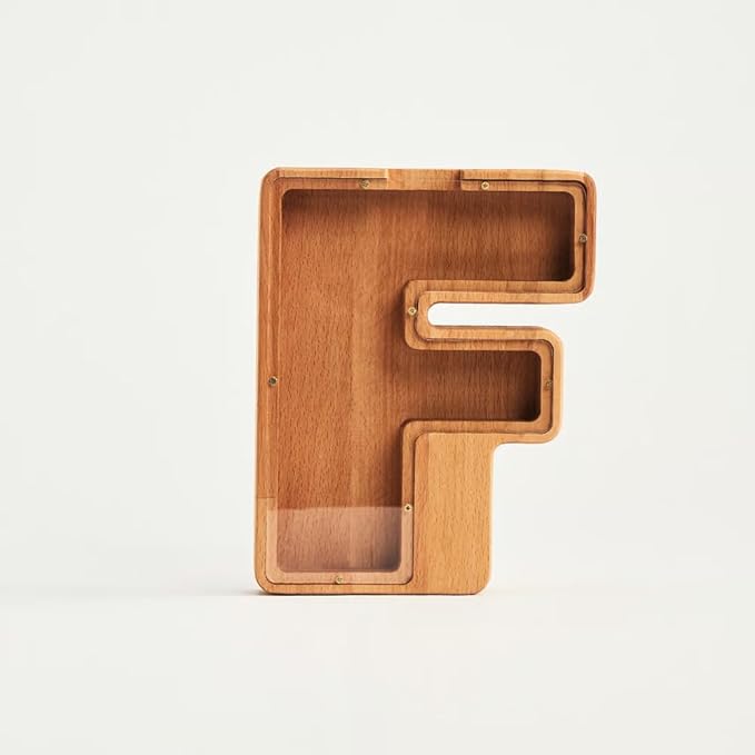 Personalized Wooden Piggy Bank – Custom Letter F Coin Bank in Beech Wood with Clear Acrylic Front, Engraved Name Option, Money Saving Box for Kids and Adults