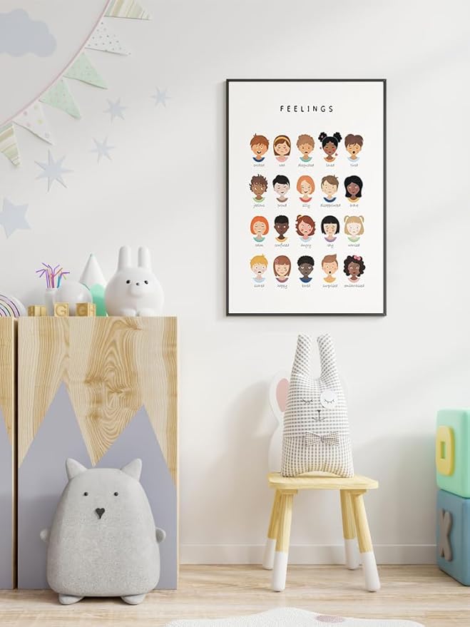 uoyien Feelings Chart And Emotions Poster For kids Mental Health Awareness Canvas Wall Art Special Emotions Faces Calm Corner Prints Classroom Social Worker Office Decor 12x16in Metal Framed