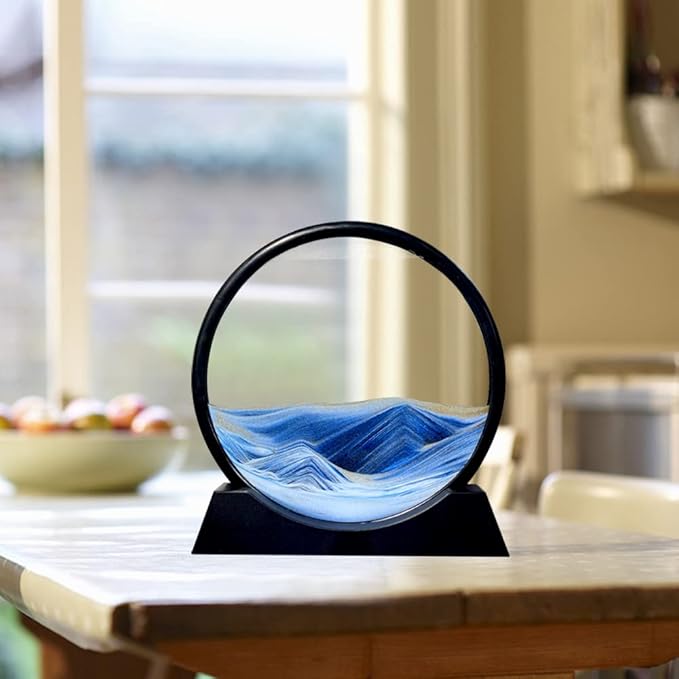 Aoderun Moving Sand Art Picture Round Glass 3D Deep Sea Sandscape in Motion Display Flowing Sand Frame Relaxing Desktop Home Office Work Decor (7", Blue)