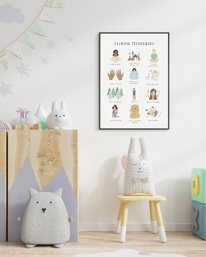 uoyien Calming Corner Classroom Mental health Poster Feelings Calming Techniques Canvas Wall Art Boho Emotions Chart for Kids Prints Special Education Wall Decor for School 16x22in Metal Framed