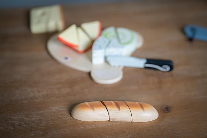 Tender Leaf Toys - Cheese Chopping Board - Wooden Play Food Set with 4 Choppable Cheeses, Baguette, Wood Knife and Illustrated Board - Improves Fine Motor Skills - Develops Social Skills - Age 2+