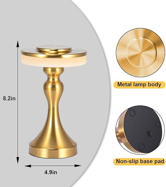 Portable Metal LED Table Lamp,3 Color Touch Sensor Control Rechargeable Desk Lamp,3-Levels Brightness Bedside Lamp,Night Light for Kids Nursery,Dining Room Lamp (Light Gold)
