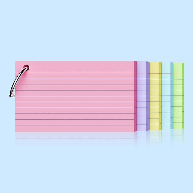 250 Count Index Cards 3x5 Inch with Key Ring, 180gsm Heavy Weight Colored Flash Cards 5 Color Assortment (50 Sheets Each), Note Taking for Students, Teachers, Study Note Cards for Office Home School