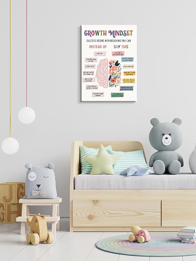 uoyien Growth Mindset Mental Health Posters Classroom Counseling Room Therapy Wall Decor Affirmations Quotes Canvas Wall Art Kids Special Educational Brain Neurodiversity Prints 12x16in Wood Framed
