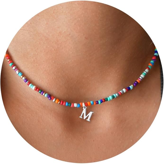 Yoosteel Colorful Beaded Initial Necklaces for Girls Gifts - Cute Initial Necklaces for Girls Kids Jewelry A-Z Letter Choker Necklace for Women Birthday Gifts for Teens Daughter Niece Granddaughter