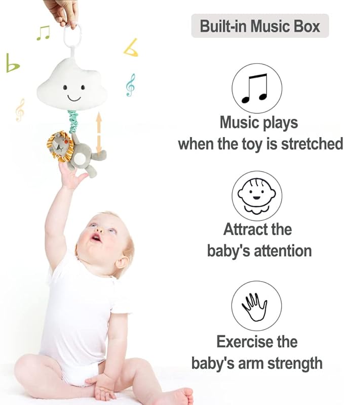 Baby Hanging Musical Toy with Music Box, Baby Lullaby Pull Musical Sensory Toys for Babies Boys and Girls, Clip On Babies Pram Pushchair Cribs Strollers Car Seats Toys, Cloud
