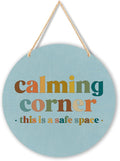 Calming Corner Hanging Wood Sign - Safe Space, Classroom, Office Decor - Boho Style, 10x8 Round Blue
