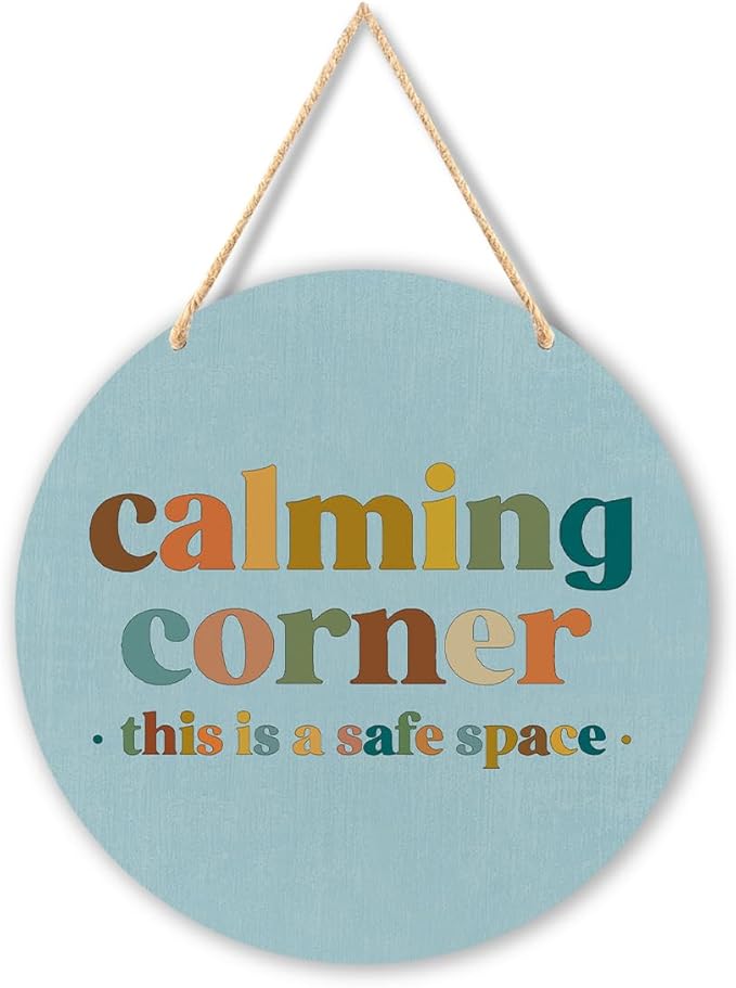 Calming Corner Hanging Wood Sign - Safe Space, Classroom, Office Decor - Boho Style, 10x8 Round Blue