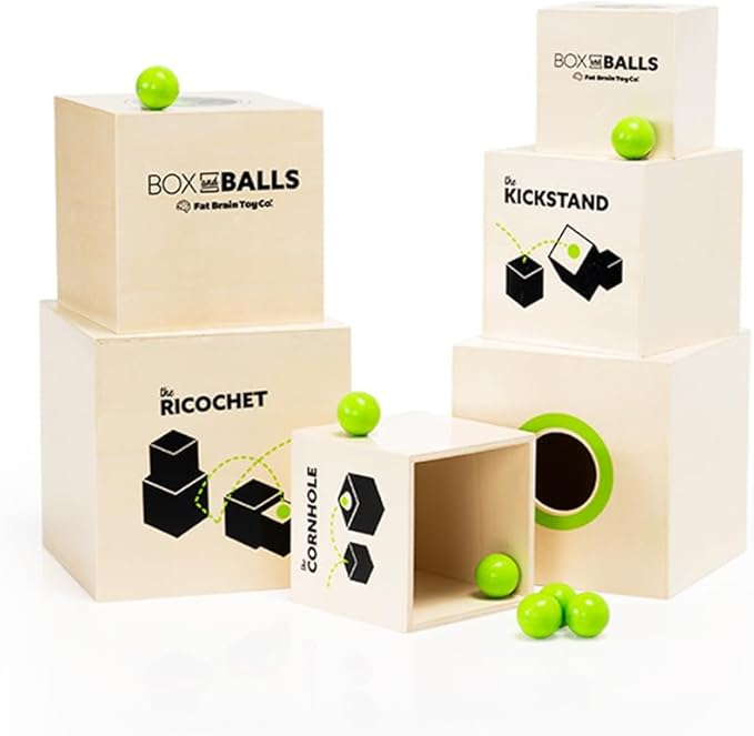 Fat Brain Toys Box and Balls, Wooden Activity Cubes and Bouncy Balls for Kids, Fun New Trickshot Games for Ages 6 to 11