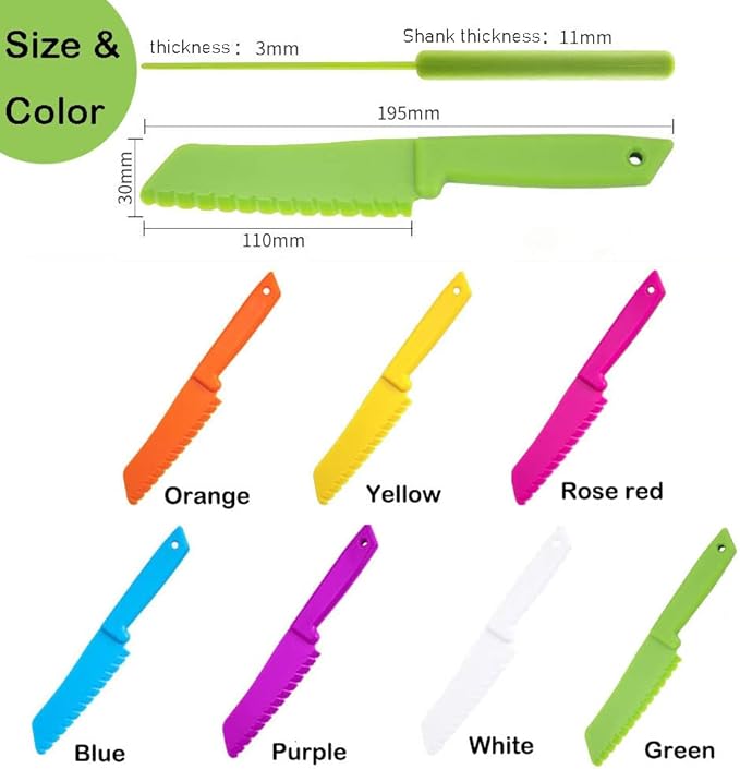 7 Pieces Plastic Kid Kitchen Knife Set, Reusable Nylon Chef Knife Children's Safe Cooking Knives for Baking, Fruit, Bread, Cake, Lettuce Knife, Salad Knife