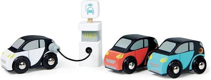 Tender Leaf Toys - Smart Car Set - 3 Pretend Electric Wooden Smart Cars with Charging Unit - Open-Ended Play Toy, Explore Role-Play and Imagination, for Boys and Girls Age 18m+