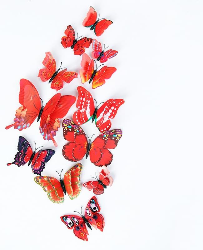 Mixed of 12PCS 3D Pink Butterfly Wall Stickers Decor Art Decorations¡­ (Red)