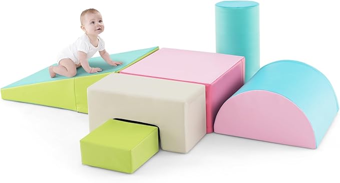 Costzon Toddler Climbing, 6 Pieces Climb and Crawl Playset with PU Cover for Baby Crawling, Climbing & Walking, Indoor Foam Climbing Blocks for Toddlers (Light Green)