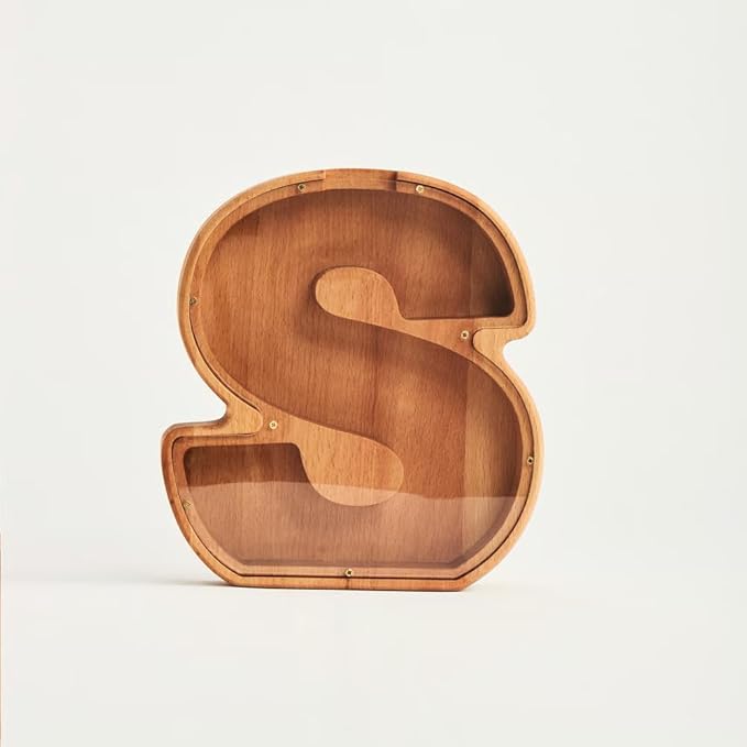 Personalized Wooden Piggy Bank – Custom Letter S Coin Bank in Beech Wood with Clear Acrylic Front, Engraved Name Option, Money Saving Box for Kids and Adults