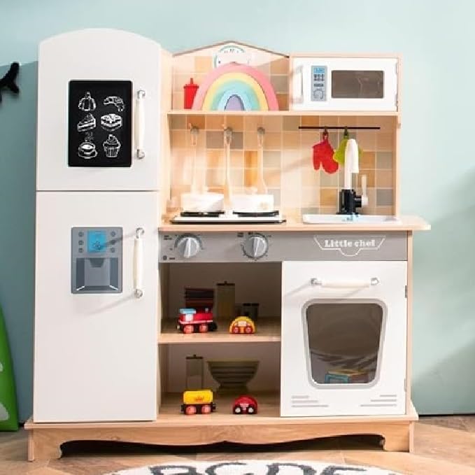 Costzon Kids Kitchen Playset, Wooden Toddlers Toy Kitchen with Light & Sound, Microwave, Ice Maker, Oven, Sink & Faucet, Cooking Accessories, Pretend Play Kitchen, Gift for Boys Girls Age 3+
