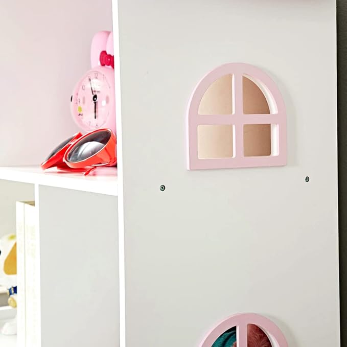 Wooden Dollhouse Bookshelf 3-Tier Doll House Bookcase Kids Books Toys Storage Organizer Shelves for Children's Bedroom Playroom Kindergarten Nursery Gift for Boys Girls Ages 3-8 Years Old