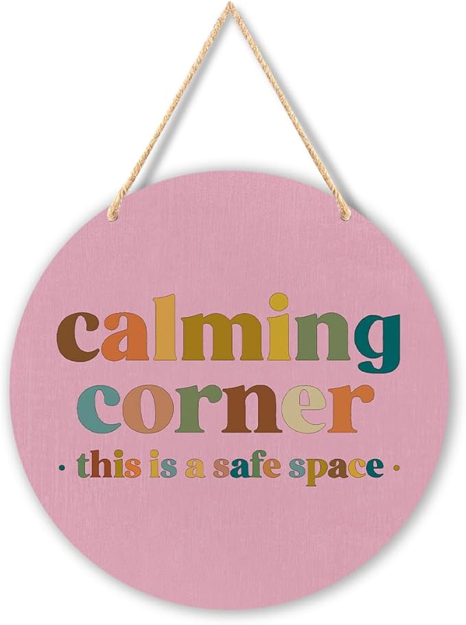 Calming Corner Hanging Wood Sign - Safe Space, Classroom Decor, School Counselor Office, Calm Down Corner Decorations, Boho Style, 10x8 Round Pink
