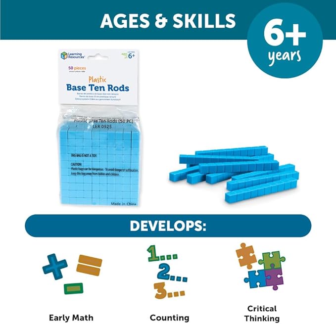 Learning Resources Plastic Base Ten Rods, Early Math, Counting Toys, Homeschool Supplies Set of 50, Ages 6+