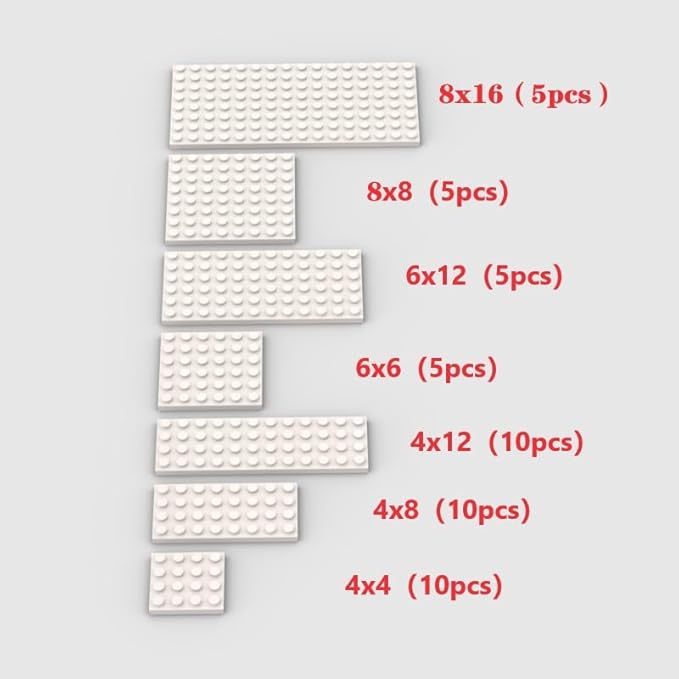 Classic Building Plate Assortment Pack - 50pc White Base Plates with 7 Sizes, Compatible with Lego, for Most Brands (Color:White)