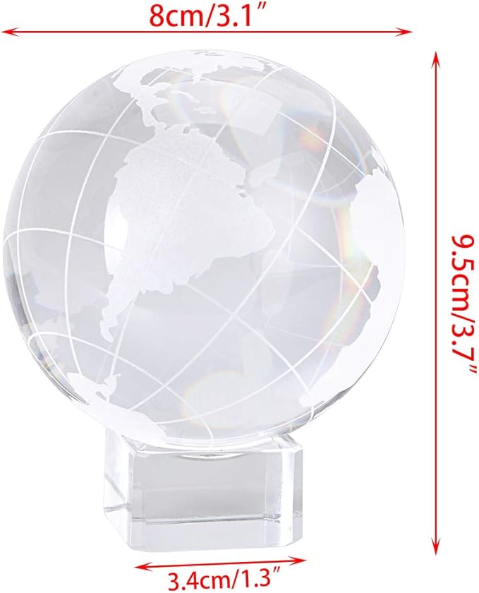 OwnMy 80mm World Globe Crystal Ball Glass Sphere Display Globe Paperweight Healing Meditation Ball with Clear Stand for Creative Gift