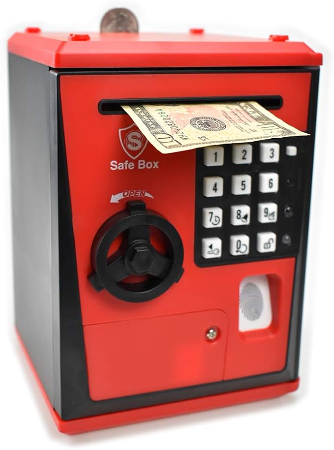Toy Safe Box, Electronic ATM Piggy Bank, Money Coin Savings Bank, Finger Print Scanner Lock, Great Gift for Children Kids (Red/Black)