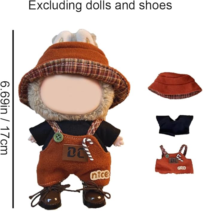 17cm Clothes Set, Cute Hat Unique Pocket Design Overalls Dress up Set(NO Doll), Handmade Clothing Designed for 17cm Doll (Brown Set)