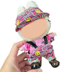 17cm Doll Clothes Set(No Doll), Hat & Overalls Set for 17cm Labubu Suit, Cute Cloth for Dress up Unique Style Dolls Outfit Stylish Clothes for Labubu (Pink clolorful Denim)