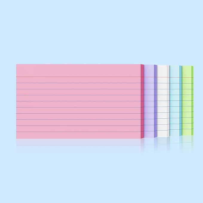 250 Count Colored Index Cards 3x5 Inch 180gsm Heavy Weight Flash Card (50 Sheets Each), Note Taking for Students, Teachers, Professionals, Study Note Cards for Office Home School