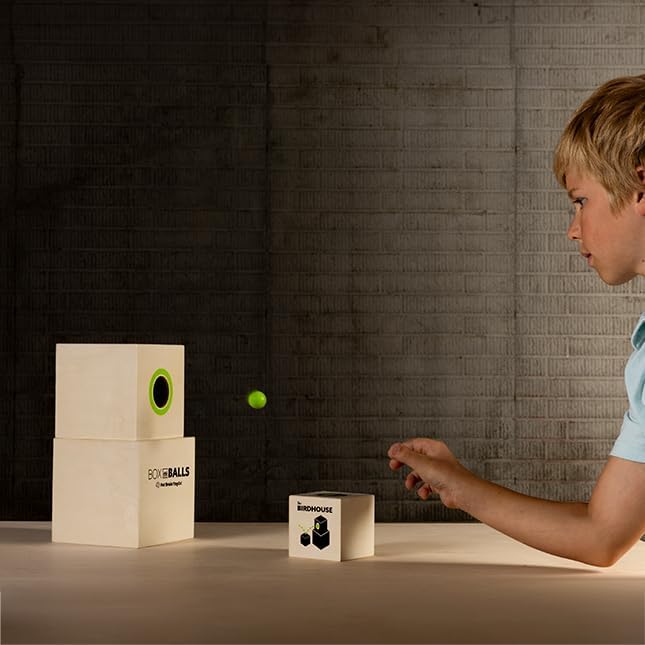 Fat Brain Toys Box and Balls, Wooden Activity Cubes and Bouncy Balls for Kids, Fun New Trickshot Games for Ages 6 to 11