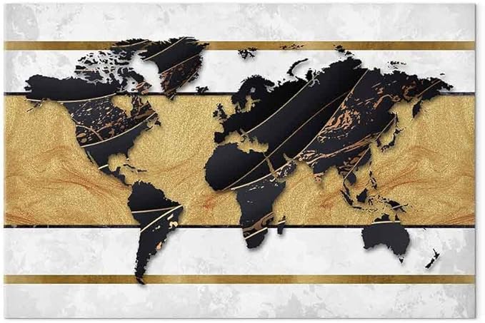 artgeist Canvas Wall Art Print World Map 24x16 in - 1pcs Home Decor Framed Stretched Picture Photo Painting Artwork Image - Map Continent Black White k-A-0515-b-a