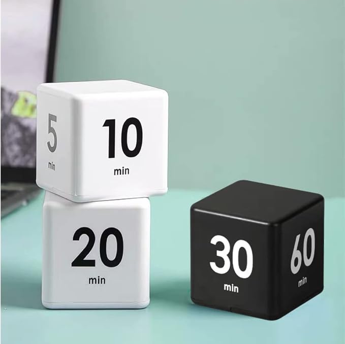 Feilifan Cube Timer - Kids ADHD Productivity Workout Flip Timer for StudyTime & Classroom - Countdown Management Settings 15, 20, 30, 60 Minutes, Black